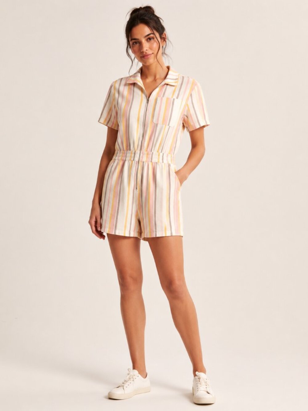 ASOS DESIGN XS Pastel Stripe Zip Front Linen Blend Romper Playsuit Short Sleeve